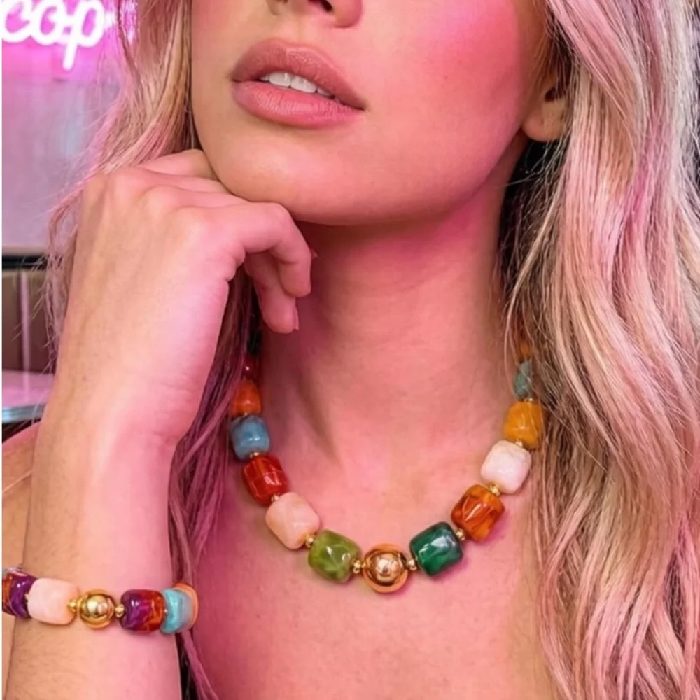 Colorful Bohemian Bead Marbled Necklace and Bracelet Set - Green Orange Blue new